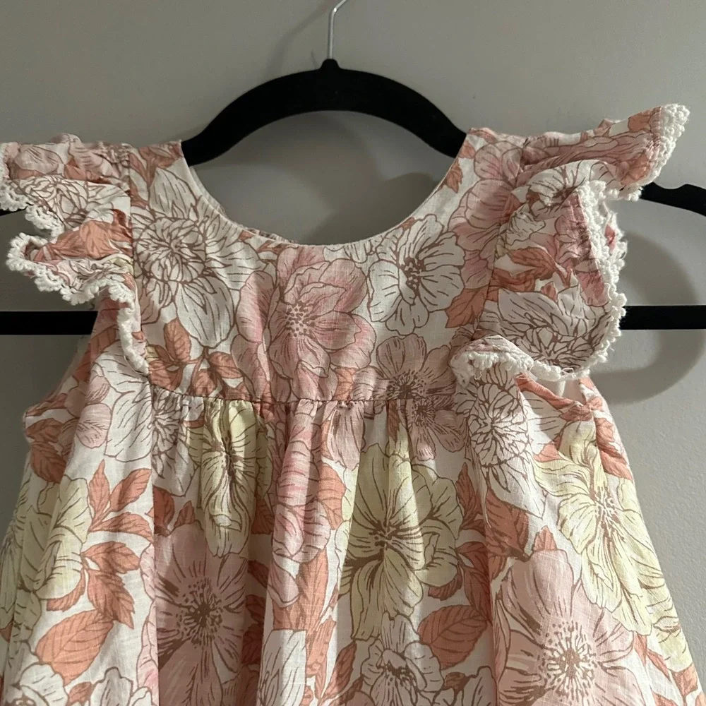 Floral Tiered Flutter Sleeve Kids Dress Pink Yellow 100% Cotton‎ Lace Trim